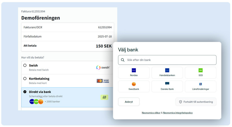 Direktbanksbetalning föreningssupport