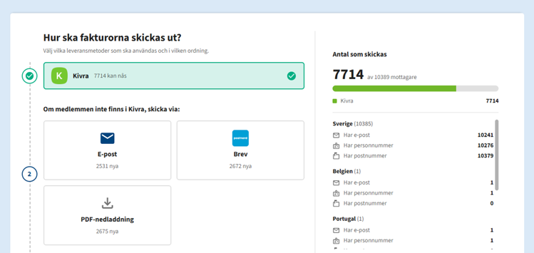 Beställningsguiden i Föreningssupport med val av utskicksdatum, fakturablankett och logotyp samt förhandsvisning av fakturan.