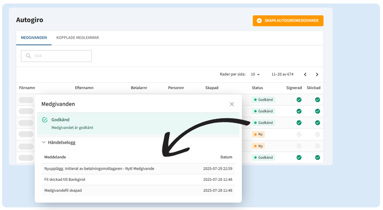 Händelselogg på autogiromedgivanden